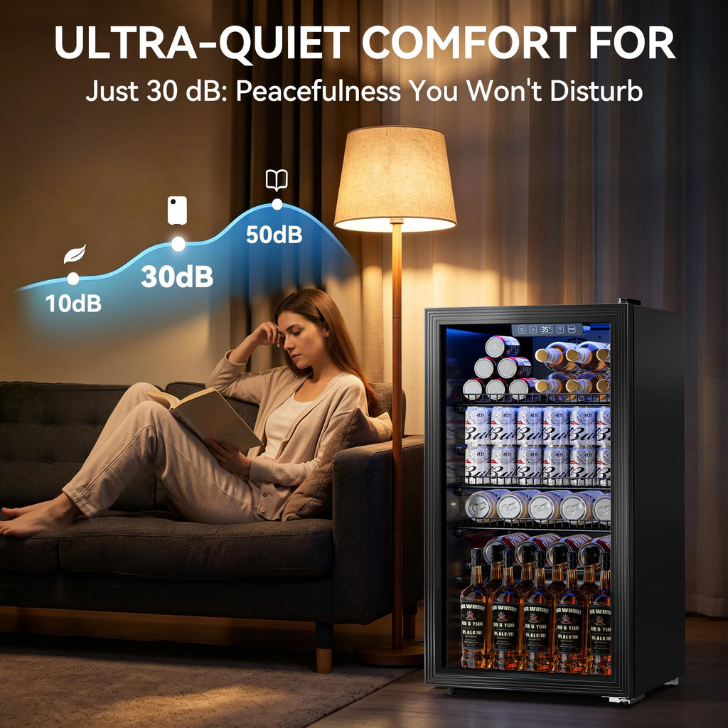 3.2 Cuft Beverage Fridge, 128 Can Mini Fridge, Glass Door, 35–65°F, Black Jansha Store