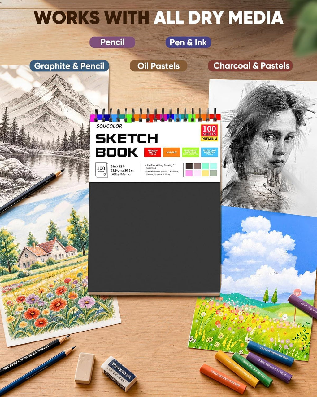 Soucolor Sketch Book 9" x 12", 100 Sheets Kids Art Sketchbook Drawing Pad Jansha Store