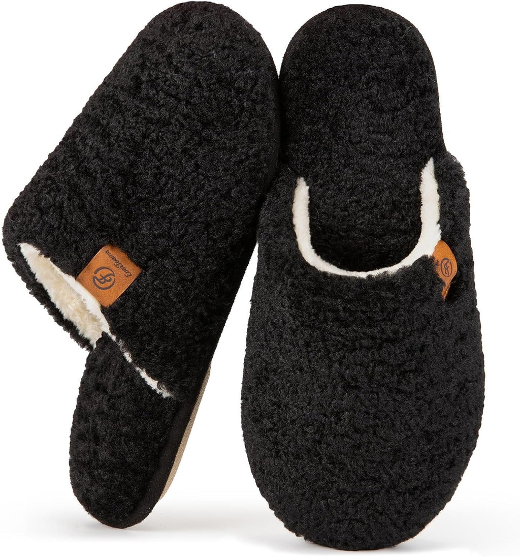 Women's fuzzy slippers in soft plush upper, front view showing cozy warm house shoe shape