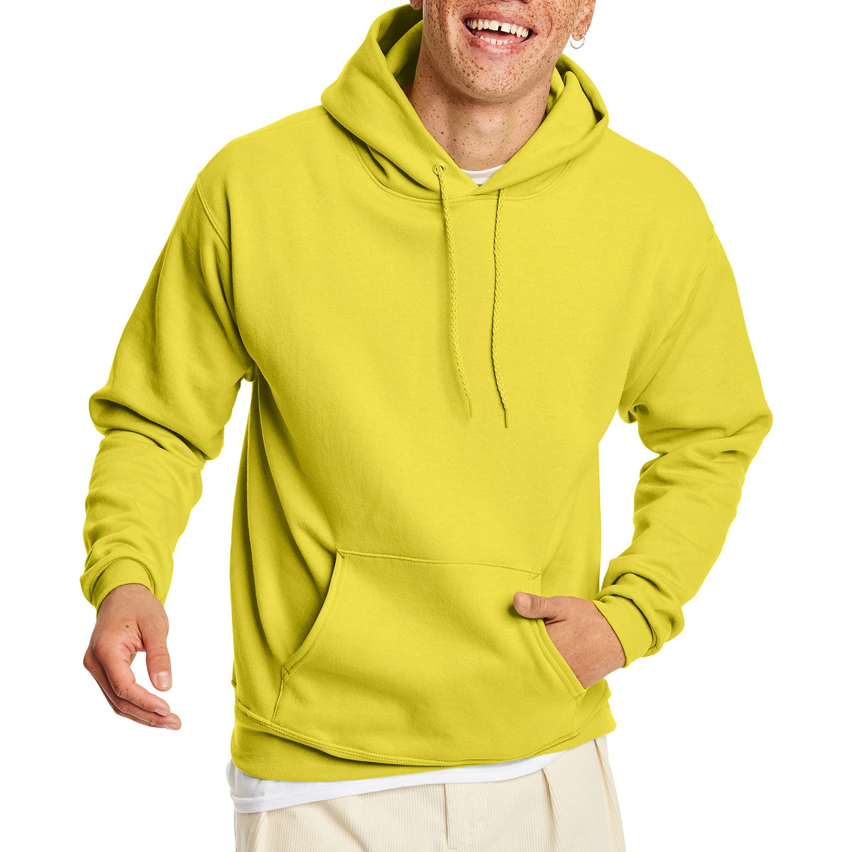 Hooded sweatshirt shown hanging to display the drape and length