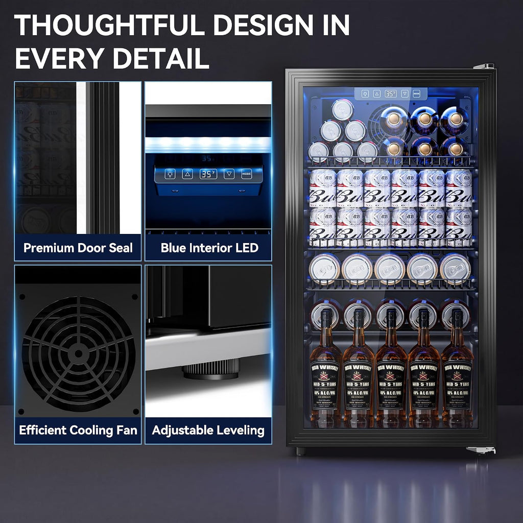 3.2 Cuft Beverage Fridge, 128 Can Mini Fridge, Glass Door, 35–65°F, Black Jansha Store