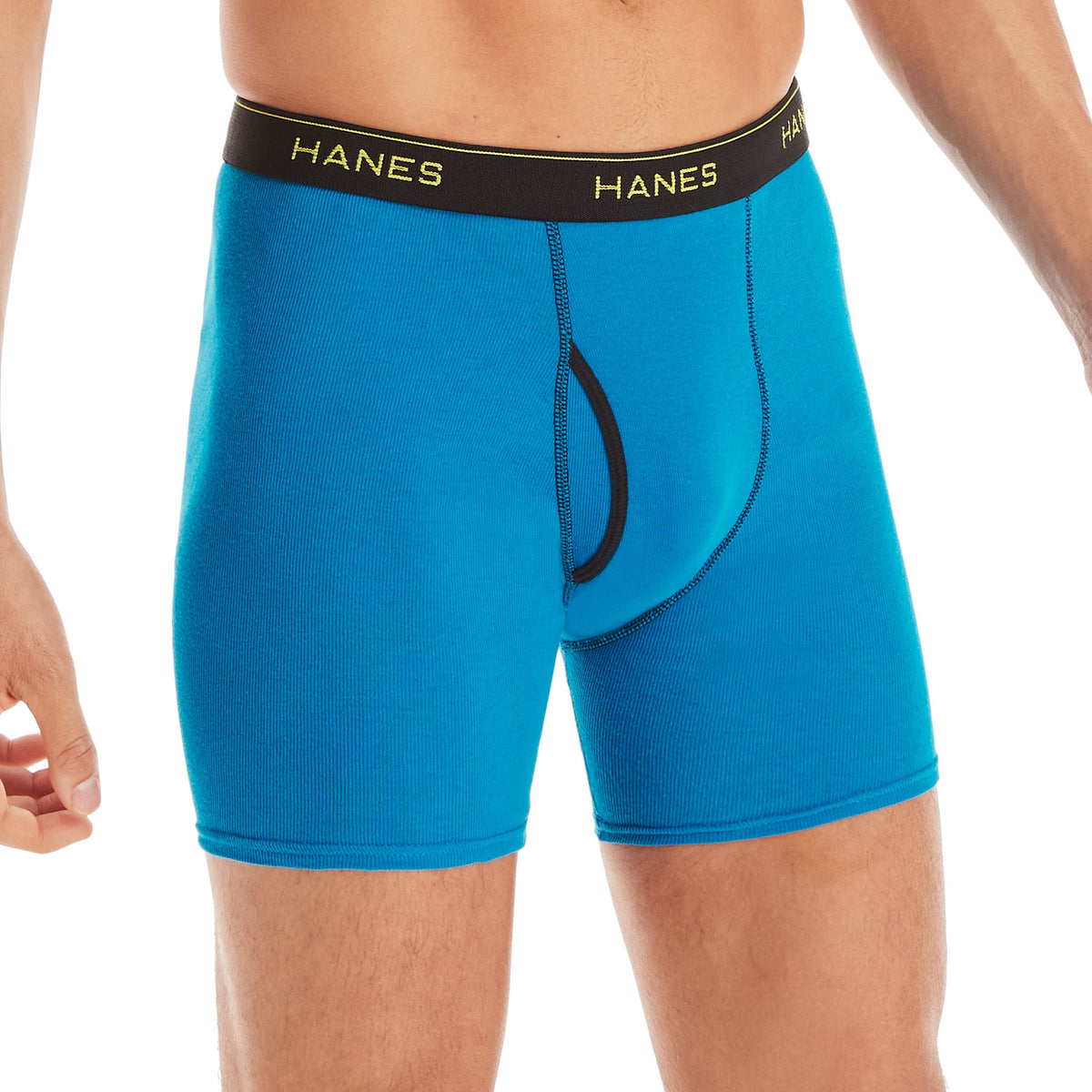 Men's boxer briefs on a plain background, full front view of the no-ride-up fit