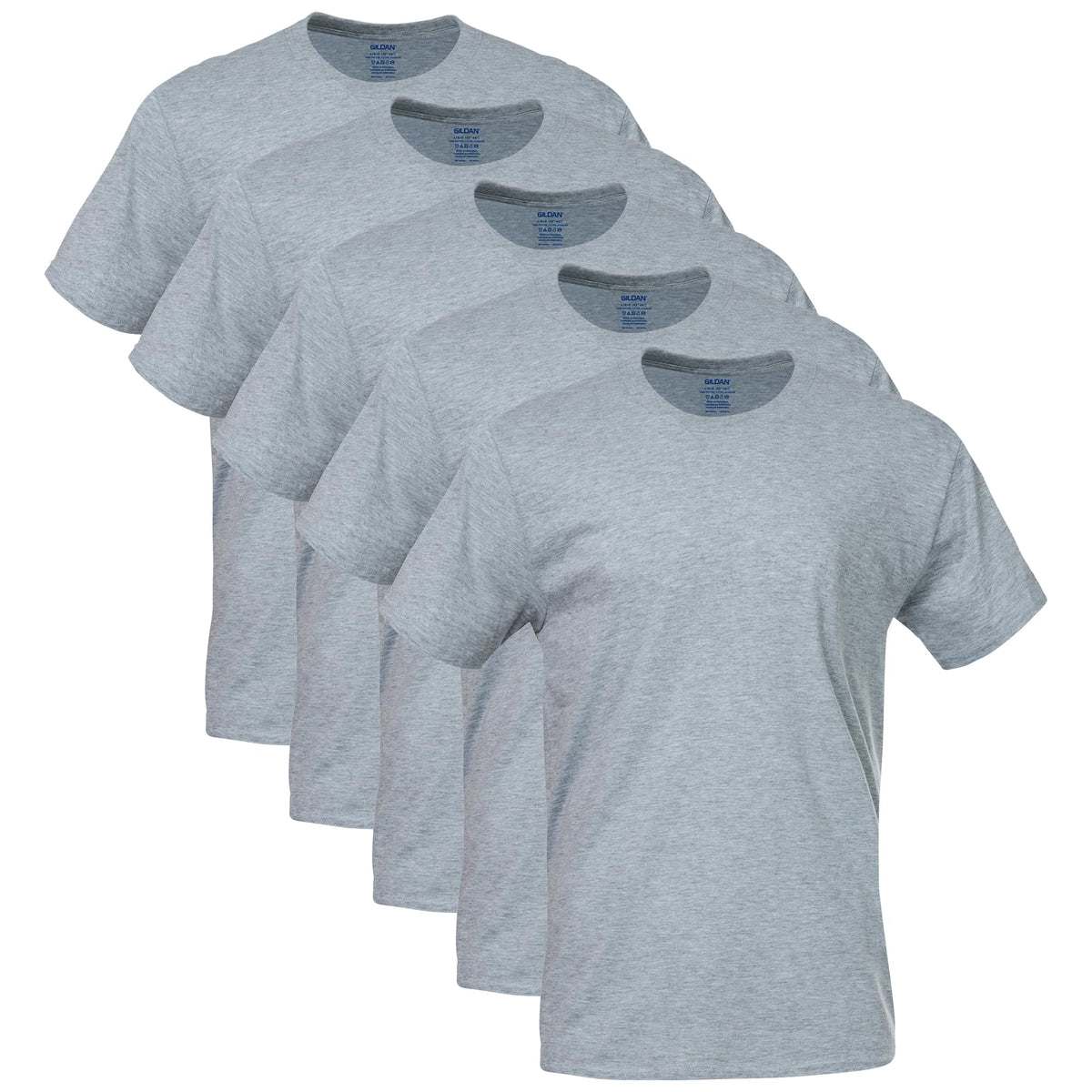 Multipack of crew neck T-shirts arranged in a row showing color variety