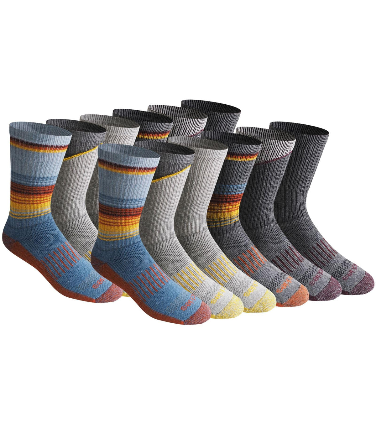 Dickies Dri-tech crew socks in assorted colours fanned out to show the range