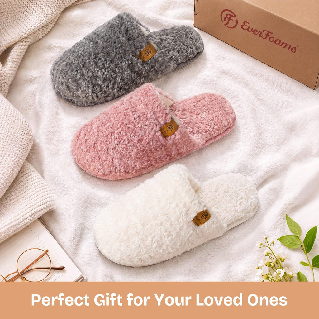Close-up of the fuzzy slipper upper showing soft warm plush material for women's house shoes