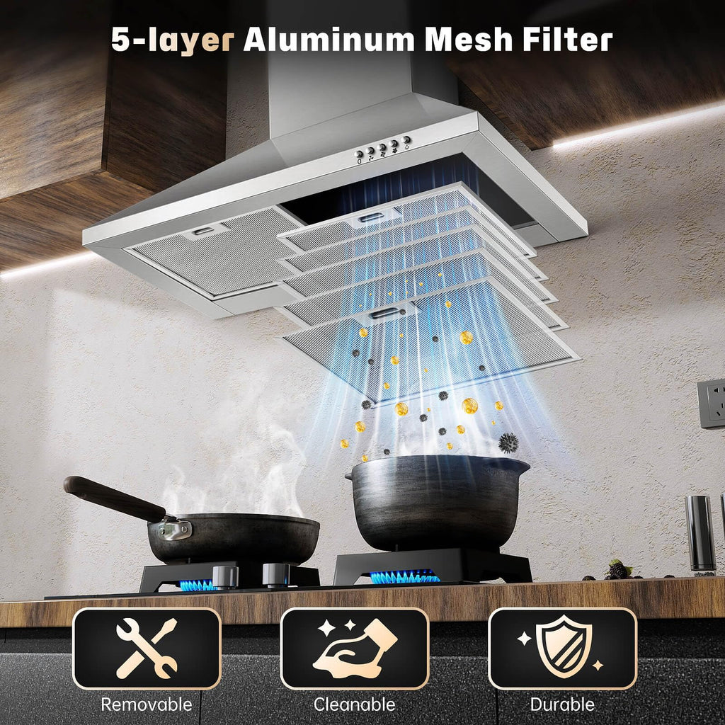 SNDOAS Black Range Hood,Wall Mount Range Hood 30 inch,Stainless Steel Kitchen Hood with Ducted/Ductless Convertible,Stove Vent Hood,Aluminum Filters,3 Speed Exhaust Fan,LED Light,Button Control Jansha Store