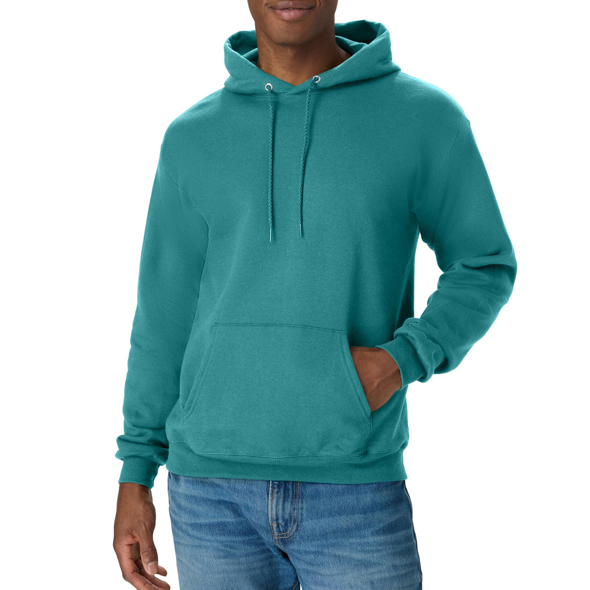 EcoSmart fleece hoodie shown folded with hood resting on top