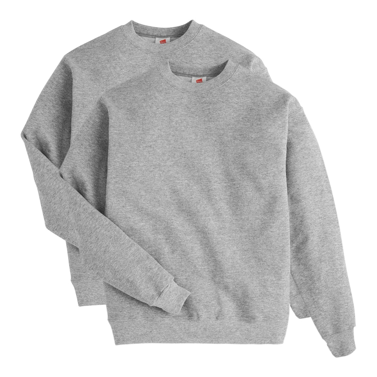 Men's fleece crewneck sweatshirt hanging on a hanger, full length