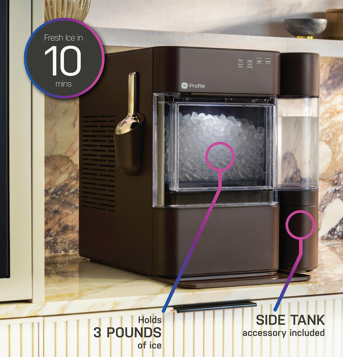 GE Profile Opal Ultra, Countertop Nugget Ice Maker, 1 Gal XL Side Tank, *Amazon Exclusive*, 38 lbs/Day, Pebble Pellet Crushed Ice Machine, WiFi Black Stainless Steel Jansha Store