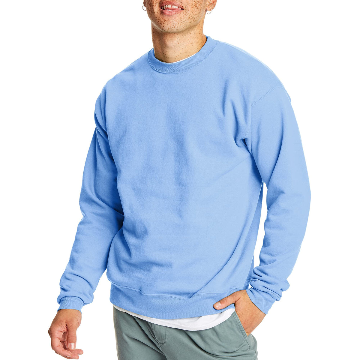 Side view of the pullover crewneck sweatshirt showing the relaxed fit