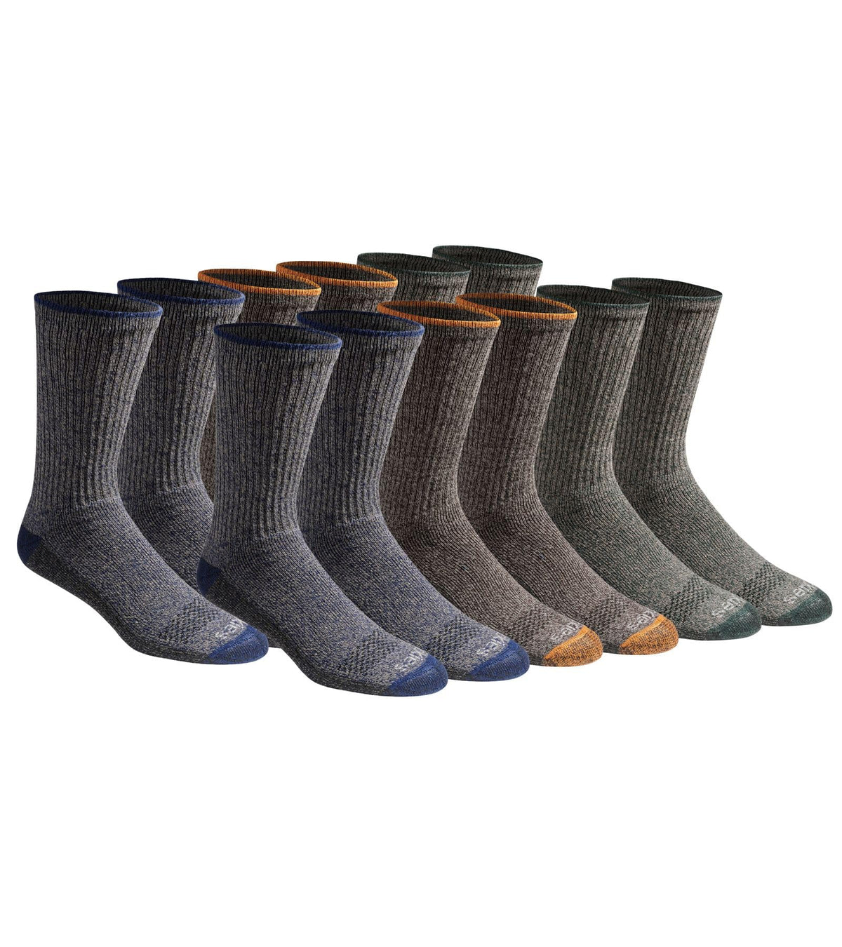 Dickies men's moisture-control crew socks arranged in a row showing multiple colour pairs