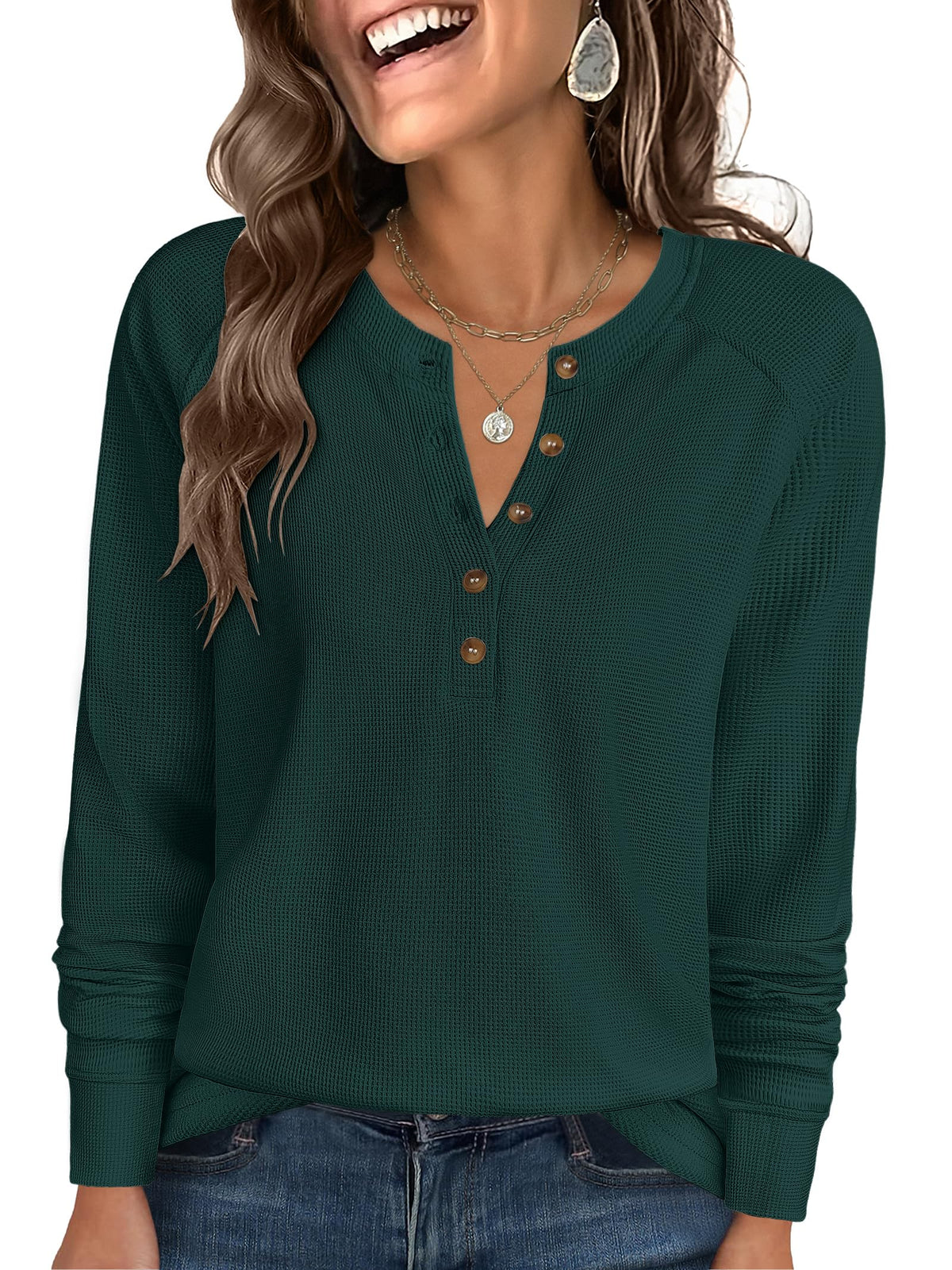 ANRABESS Women's Waffle Knit Henley Top Long Sleeve Shirts Jansha Store