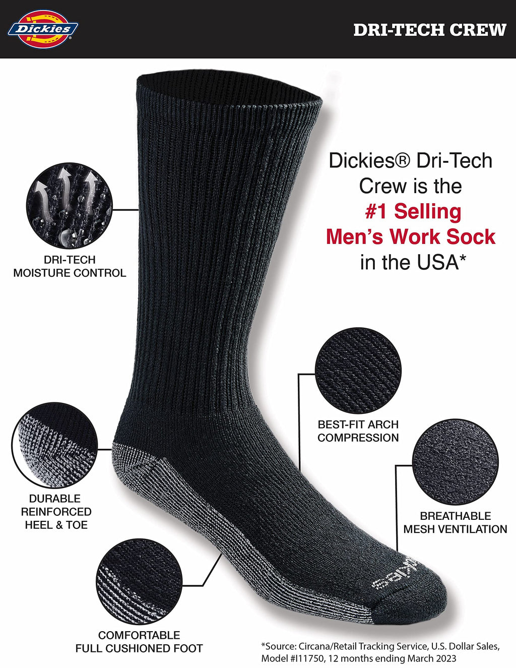 Single Dickies Dri-tech crew sock held up, displaying cushioned sole and ribbed leg