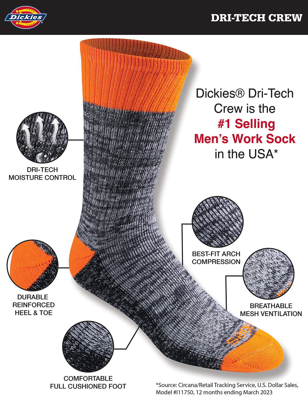 Dickies Dri-tech crew socks in white worn with sneakers, side view of ankle height