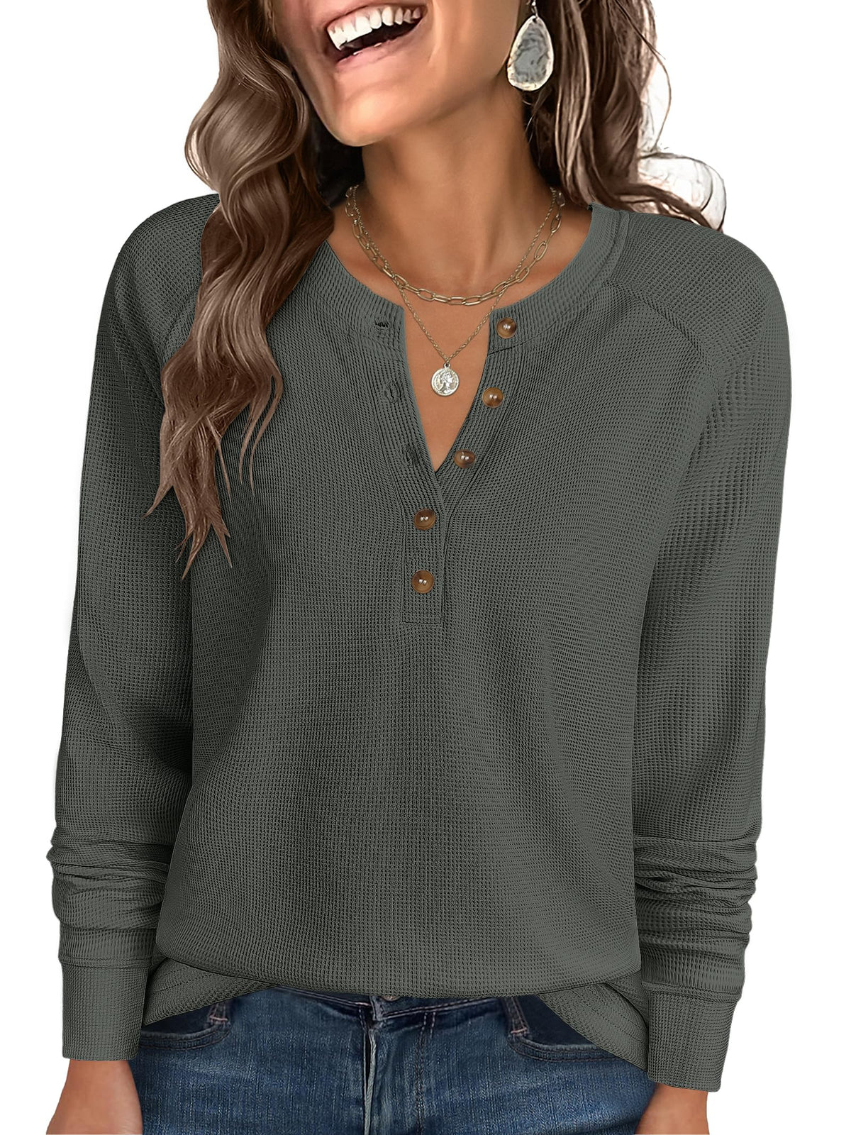 ANRABESS Women's Waffle Knit Henley Top Long Sleeve Shirts Jansha Store