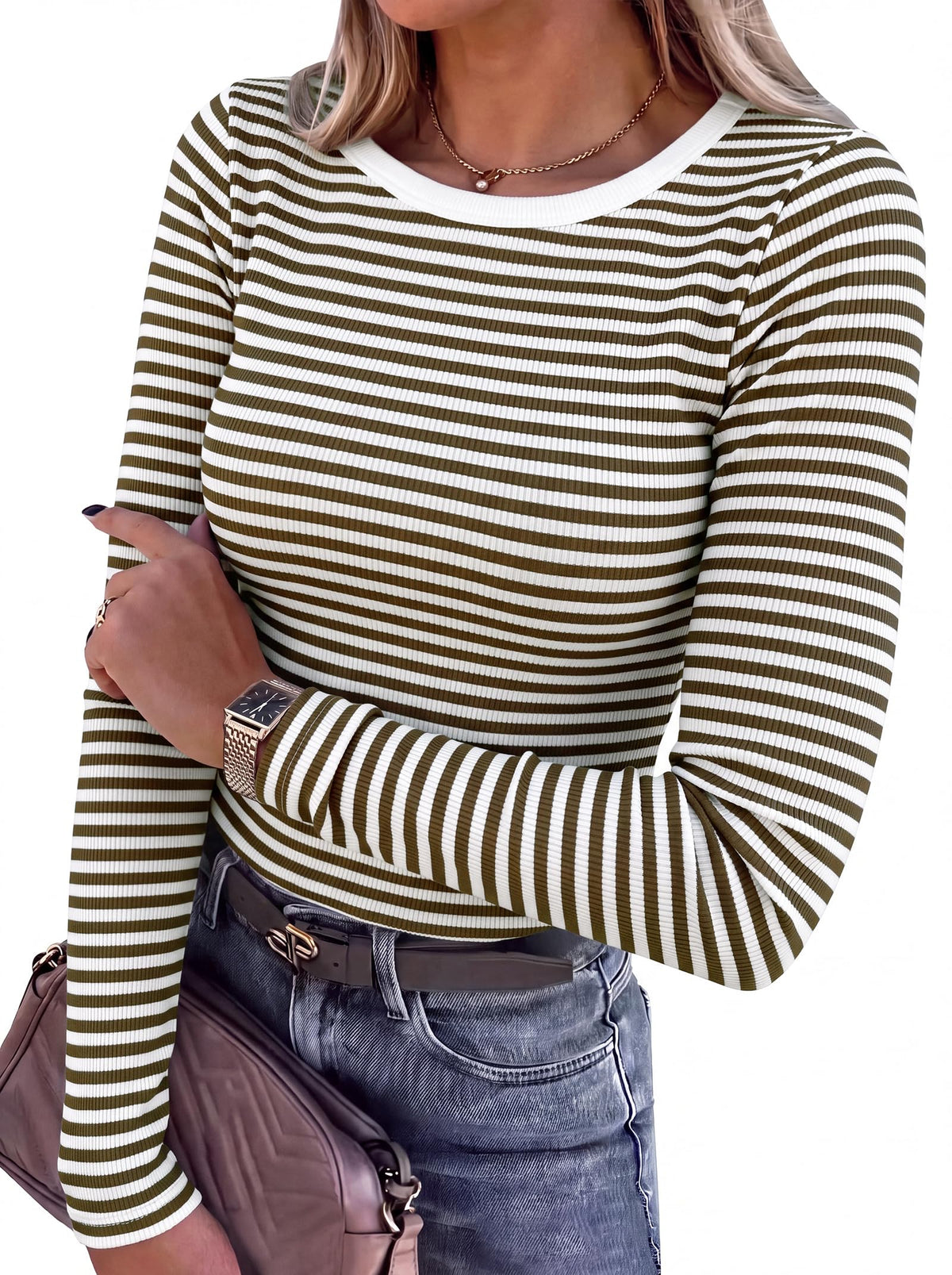 Women's long sleeve ribbed top shown in an alternate color