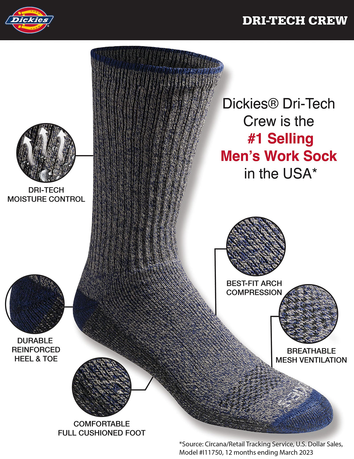 Dickies Dri-tech crew socks on a foot inside a shoe, showing crew height above the ankle