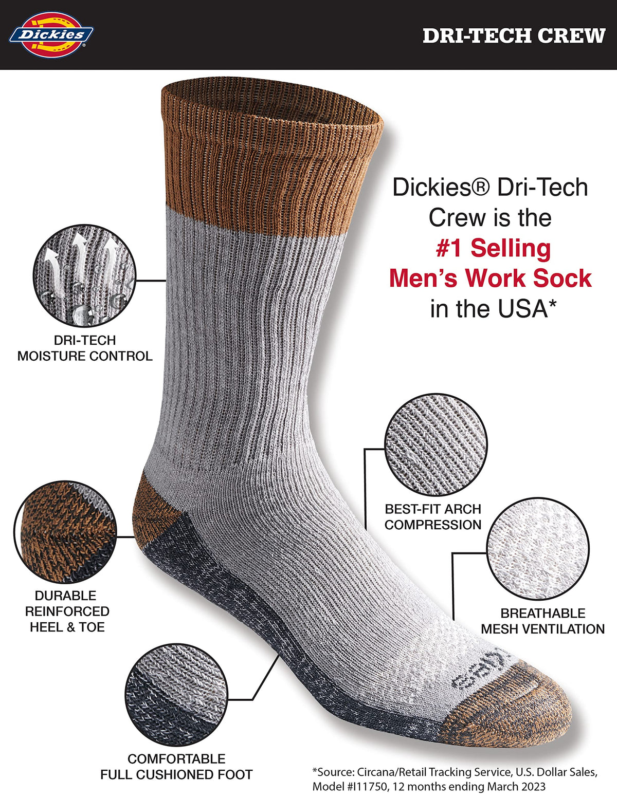 Dickies Dri-tech crew socks packaged as a multi-pair bundle, stacked flat