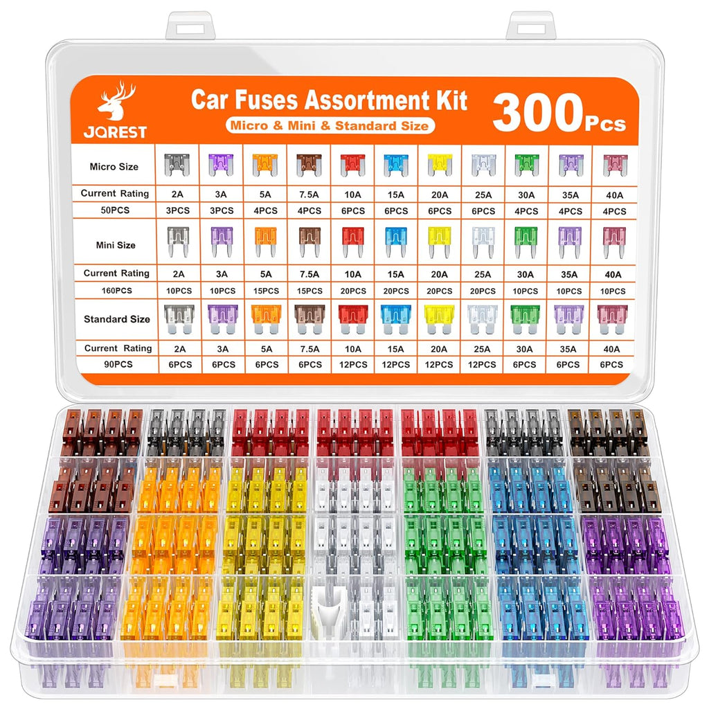JOREST 300Pcs Car Fuse Assortment Kit, 160 Mini Blade Fuses Automotive + 90 Standard Auto Fuses + 50 Micro + Puller – Replacement for RV Camper Boat Truck (2Amp 3A 5A 7.5A 10A 15A 20A 25A 30A 35A 40A) Jansha Store