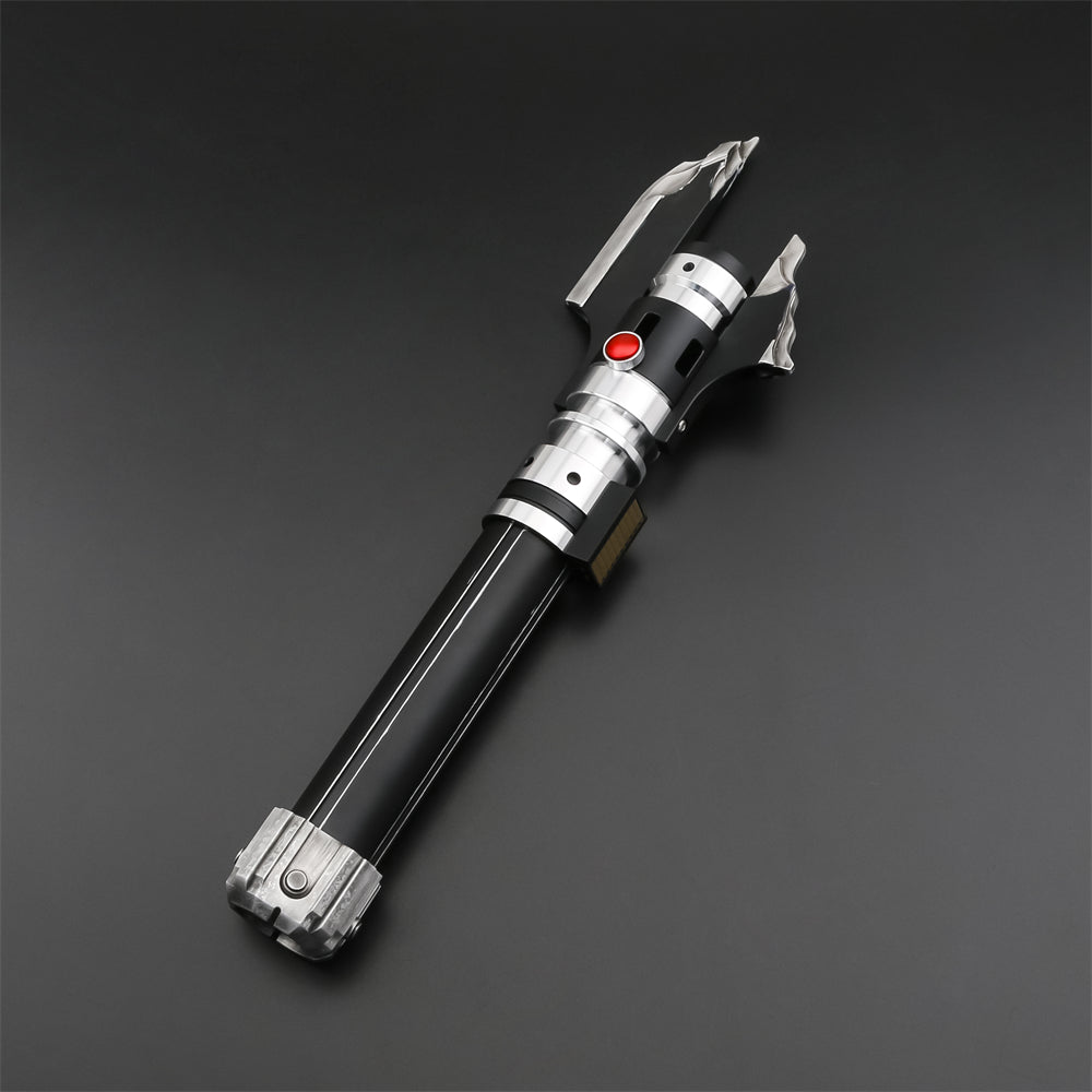 Malgus lightsaber hilt shown from the emitter end