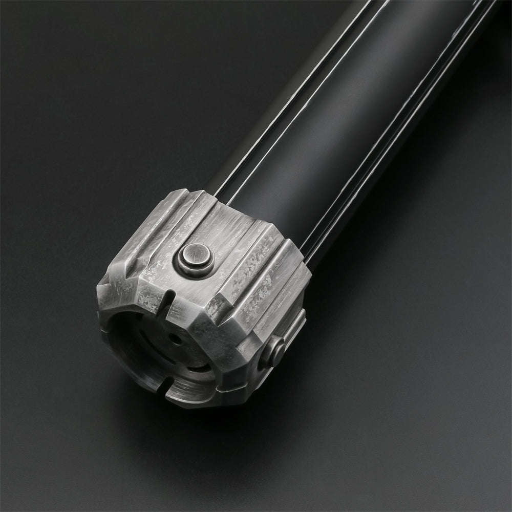 Malgus lightsaber hilt displayed upright with its pommel visible