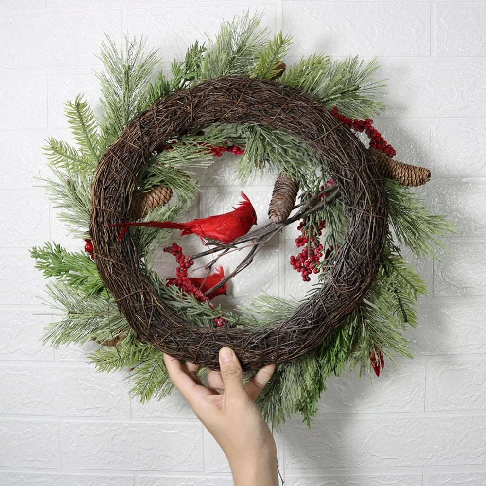 Red Cardinal Christmas Wreath With Berry And Pinecones-3