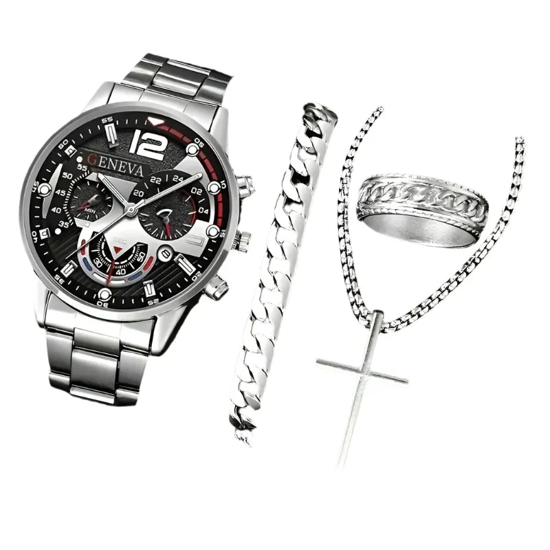 4PCS Men's Stainless Steel Quartz Watch Set (W118-C)-0