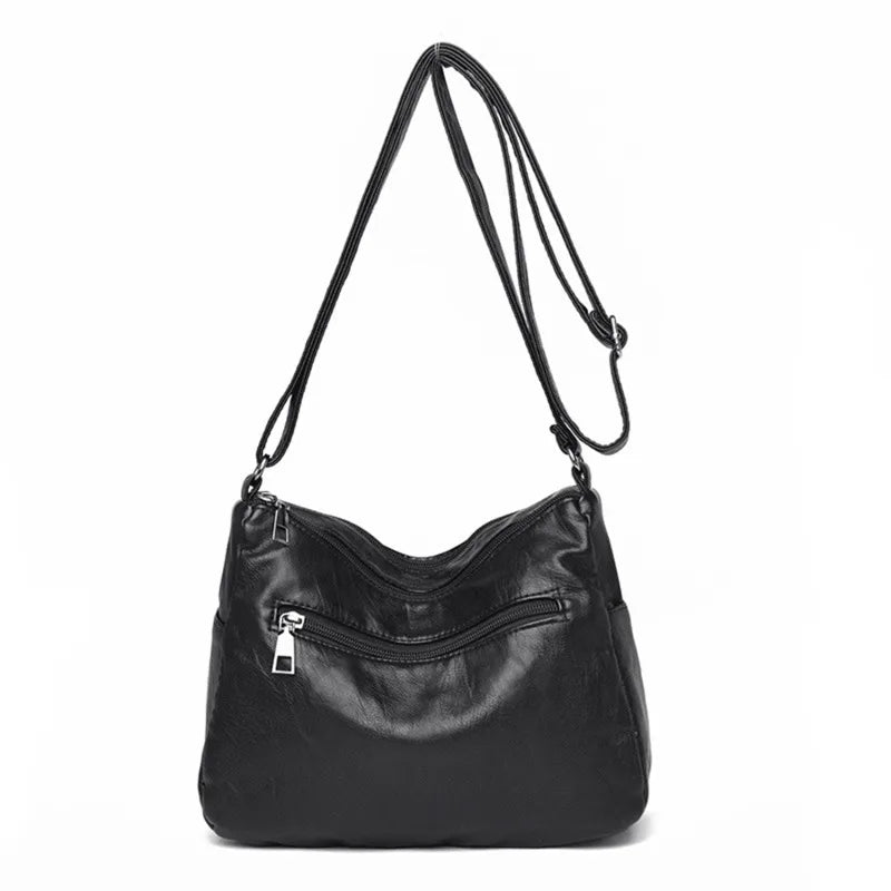 Women's Multi-Layer Leather Shoulder Crossbody Bag (Black)-0