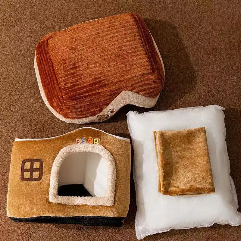 Foldable Soft Pet House And Bed Detachable Cave-Style Nest Brown-2