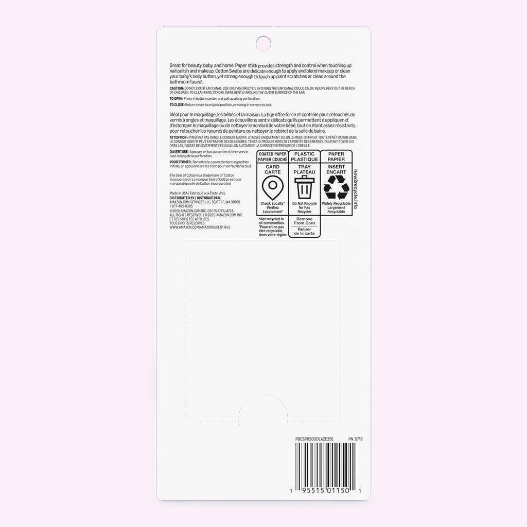 Amazon Basics Double-Tipped Cotton Swabs for Personal Hygiene and Baby Care, Cotton, Versatile, 500 Count - Jansha Store