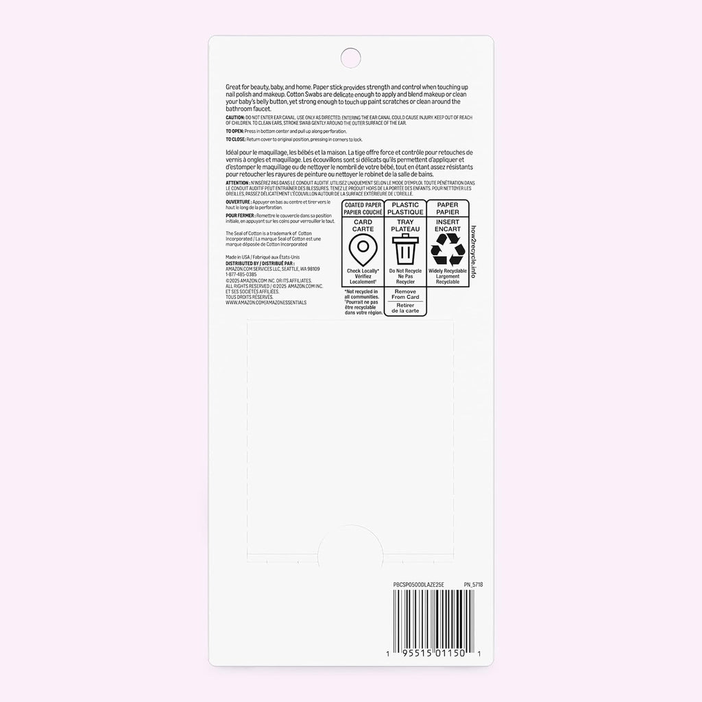 Amazon Basics Double-Tipped Cotton Swabs for Personal Hygiene and Baby Care, Cotton, Versatile, 500 Count - Jansha Store