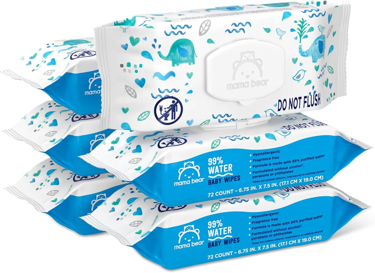 Amazon Brand - Mama Bear 99% Water Baby Wipes, Hypoallergenic, Fragrance Free,72 Count (Pack of 6) - Jansha Store