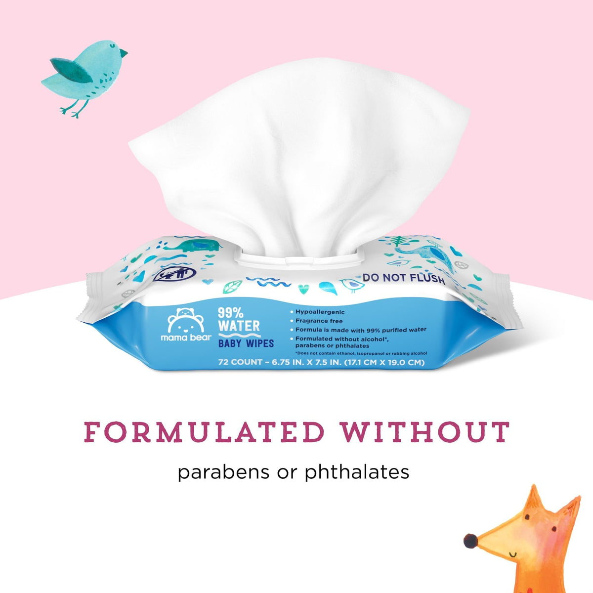 Amazon Brand - Mama Bear 99% Water Baby Wipes, Hypoallergenic, Fragrance Free,72 Count (Pack of 6) - Jansha Store
