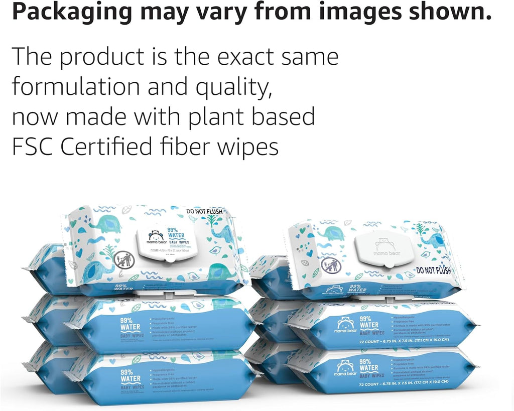 Amazon Brand - Mama Bear 99% Water Baby Wipes, Hypoallergenic, Fragrance Free,72 Count (Pack of 6) - Jansha Store