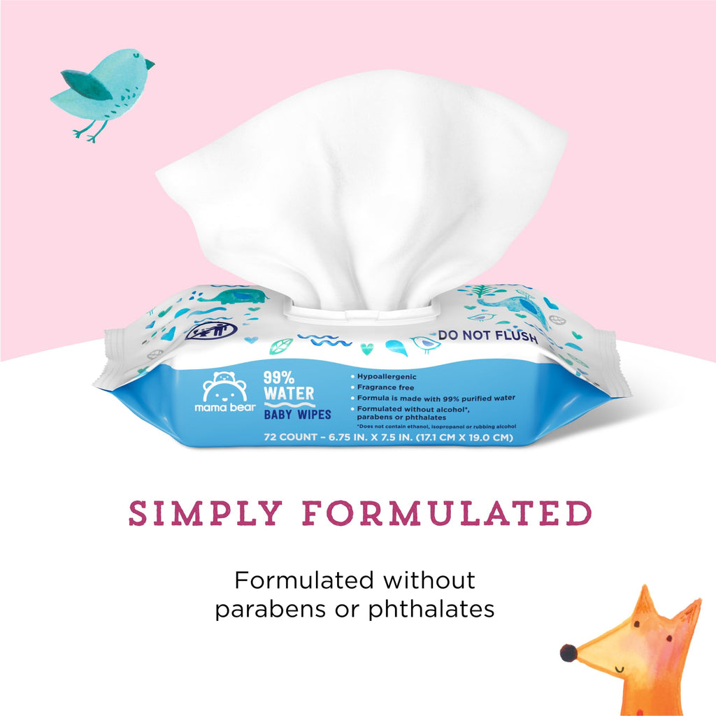 Amazon Brand - Mama Bear 99% Water Baby Wipes, Hypoallergenic, Fragrance Free,72 Count (Pack of 6) - Jansha Store