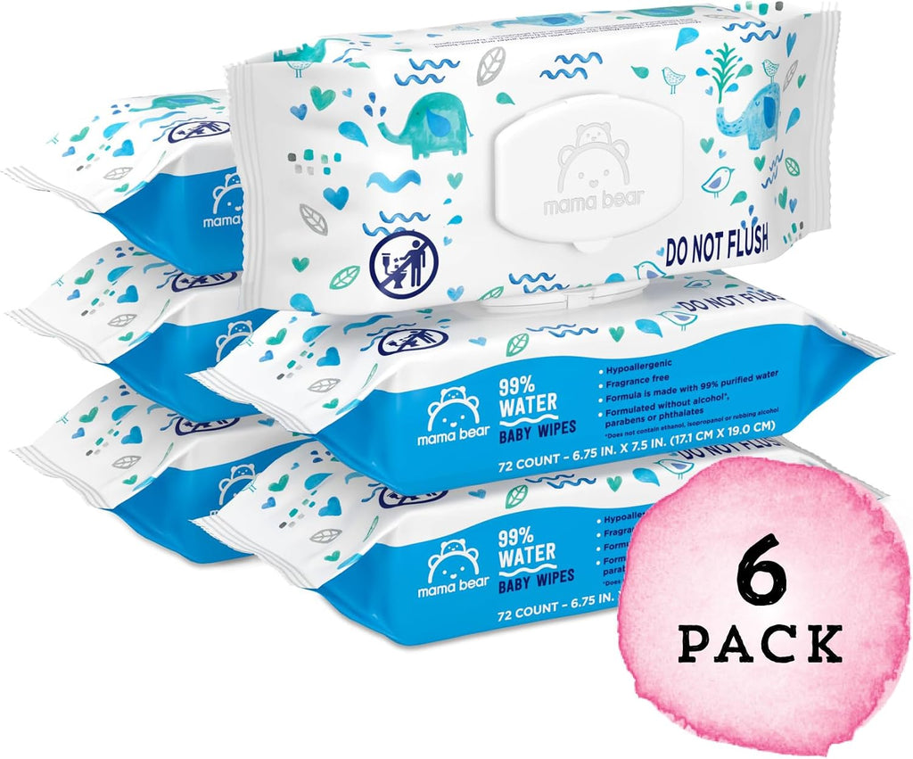Amazon Brand - Mama Bear 99% Water Baby Wipes, Hypoallergenic, Fragrance Free,72 Count (Pack of 6) - Jansha Store