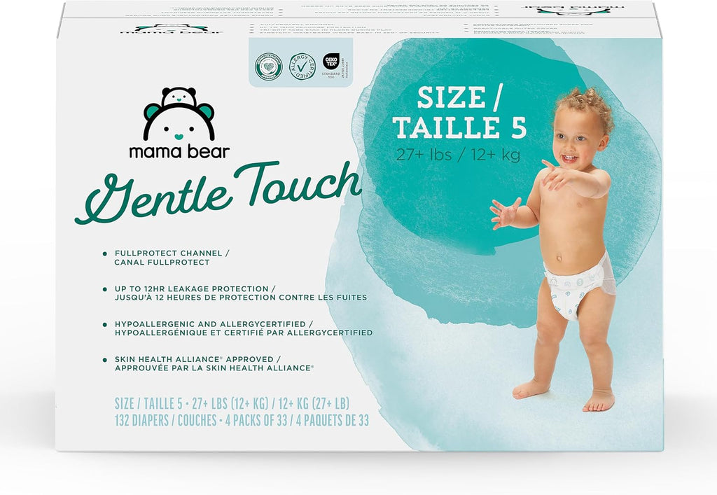 Amazon Brand - Mama Bear Gentle Touch Baby Diapers, Size 5, 27+ lb, Leak Protection, 12 Hours Protection, Wetness Indicator, Hypoallergenic, 132 Count (4 packs of 33) - Jansha Store