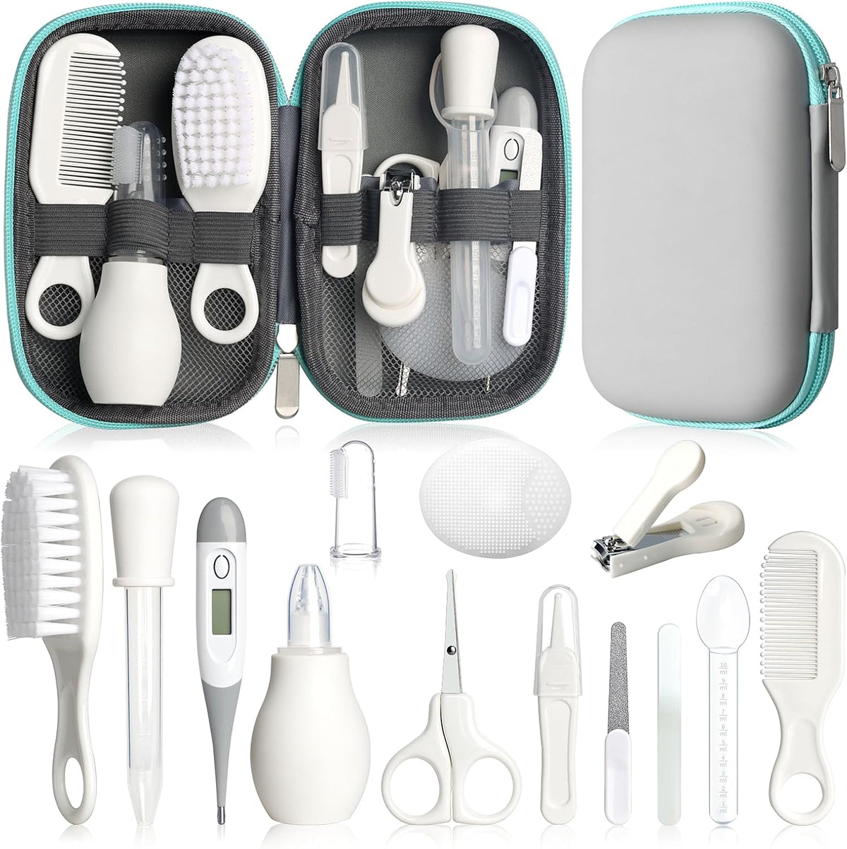 Baby Grooming Kit, Infant Safety Care Set with Hair Brush Comb Nail Clipper Nasal Aspirator,Baby Essentials Kit for Newborn Girls Boys (Grey White) - Jansha Store