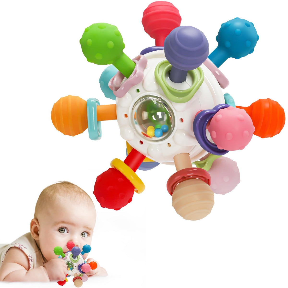 Baby Montessori Sensory Teething Toy 0-6 6-12 Months, Teether Ball & Rattle - Jansha Store