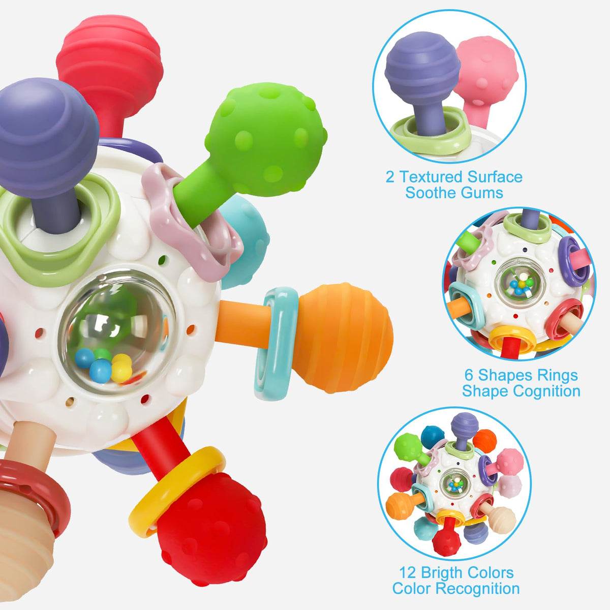 Baby Montessori Sensory Teething Toy 0-6 6-12 Months, Teether Ball & Rattle - Jansha Store