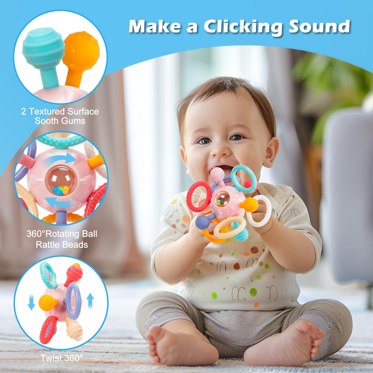 Baby Montessori Sensory Teething Toy 0-6 6-12 Months, Teether Ball & Rattle - Jansha Store