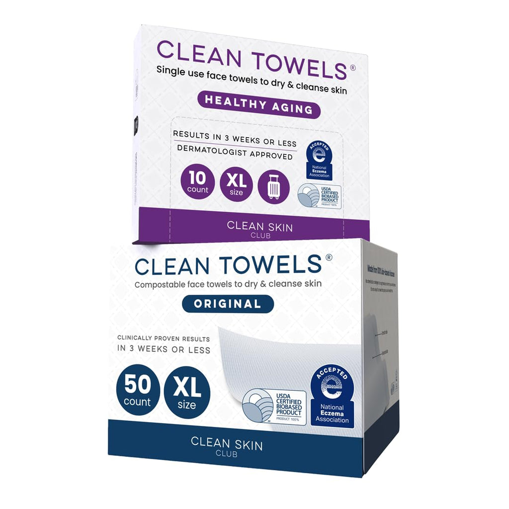 Clean Skin Club Clean Towels XL® Original 50 Ct + Healthy Aging 10ct Travel Pack Duo, 100% USDA Biobased Disposable Face Towels, Makeup Remover Dry Wipes, Ultra Soft, Smooths Fine Lines & Wrinkles - Jansha Store