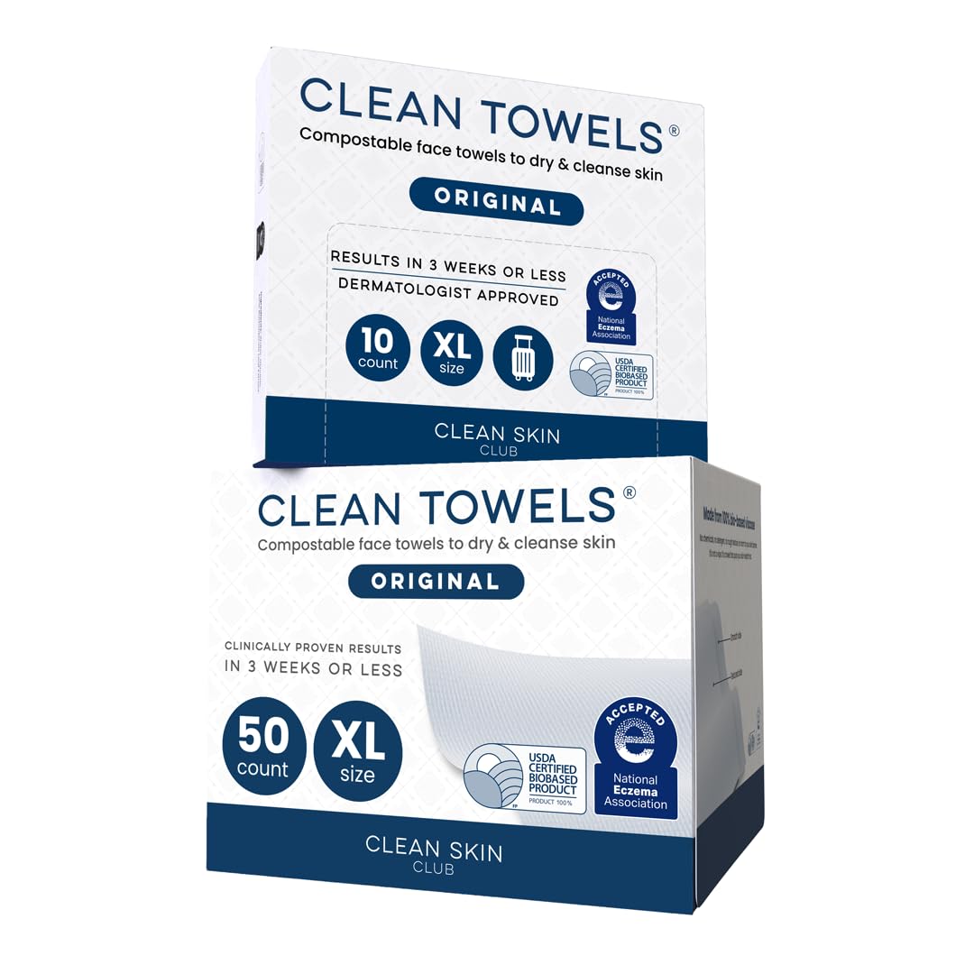 Clean Skin Club Clean Towels XL® Original 50 Ct + Healthy Aging 10ct Travel Pack Duo, 100% USDA Biobased Disposable Face Towels, Makeup Remover Dry Wipes, Ultra Soft, Smooths Fine Lines & Wrinkles - Jansha Store