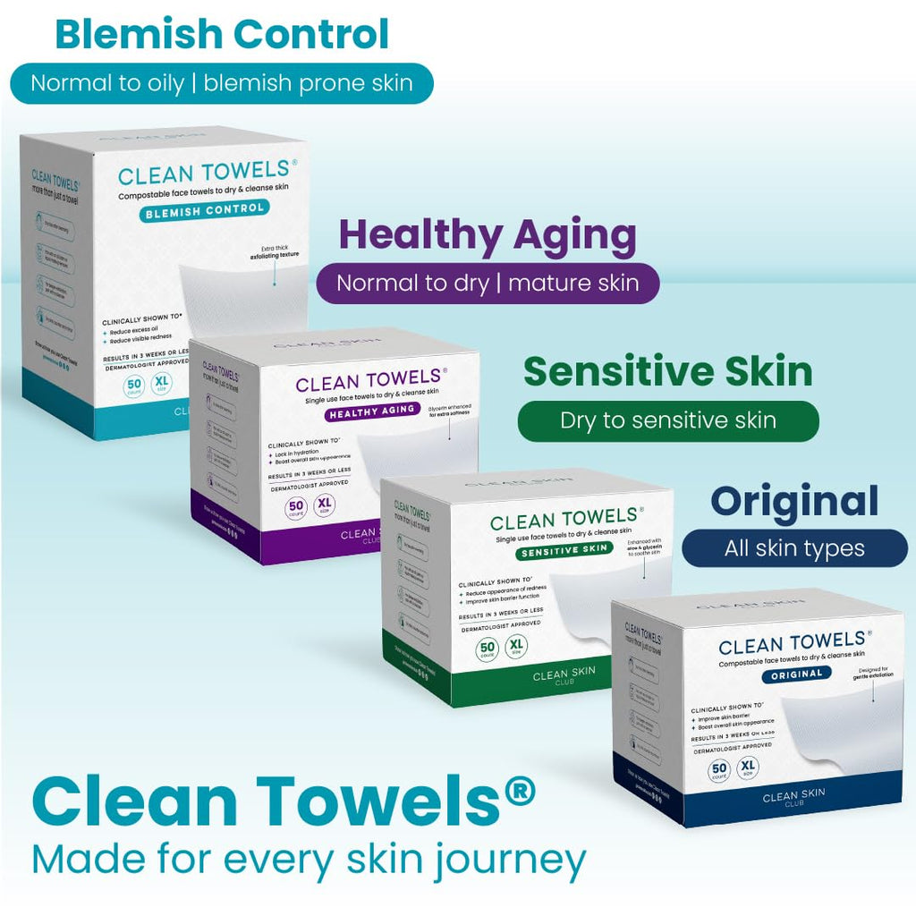 Clean Skin Club Clean Towels XL® Original 50 Ct + Healthy Aging 10ct Travel Pack Duo, 100% USDA Biobased Disposable Face Towels, Makeup Remover Dry Wipes, Ultra Soft, Smooths Fine Lines & Wrinkles - Jansha Store
