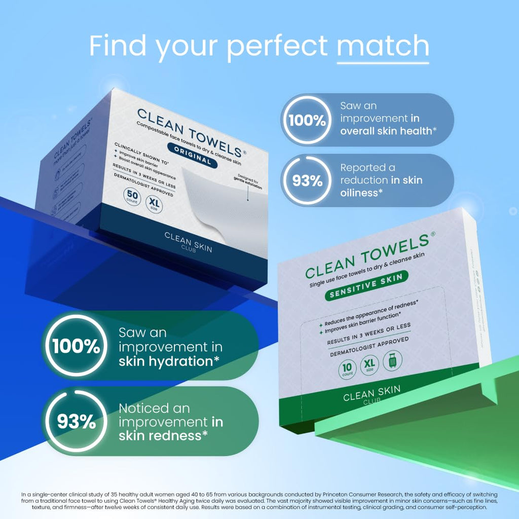 Clean Skin Club Clean Towels XL® Original 50 Ct + Healthy Aging 10ct Travel Pack Duo, 100% USDA Biobased Disposable Face Towels, Makeup Remover Dry Wipes, Ultra Soft, Smooths Fine Lines & Wrinkles - Jansha Store