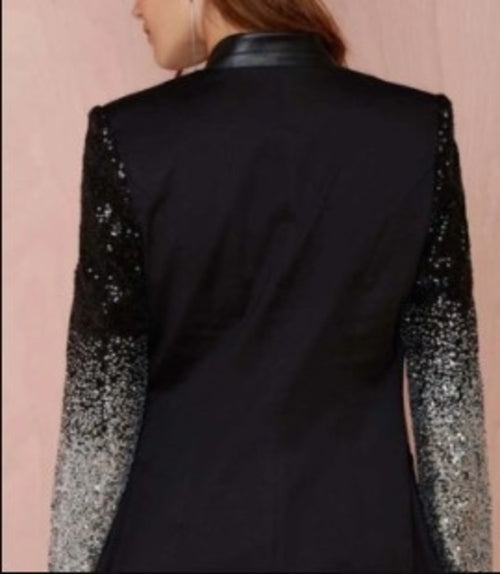 Close-up of the black blazer's sparkling sequin sleeve detail