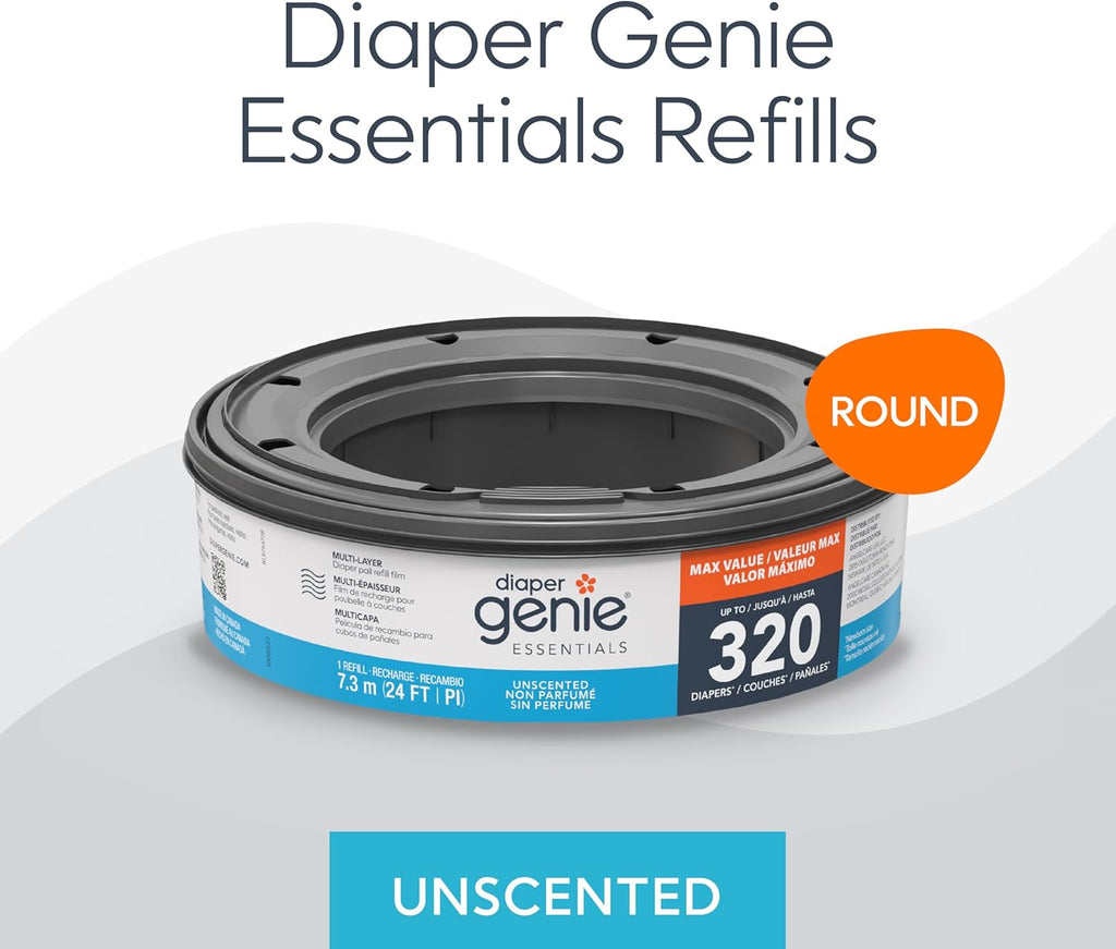 Diaper Genie Essentials Round Refill 4-Pack | Holds Up to 1280 Newborn Diapers | Features Unscented Continuous Film | Compatible with Diaper Genie Complete and Expressions Pails - Jansha Store