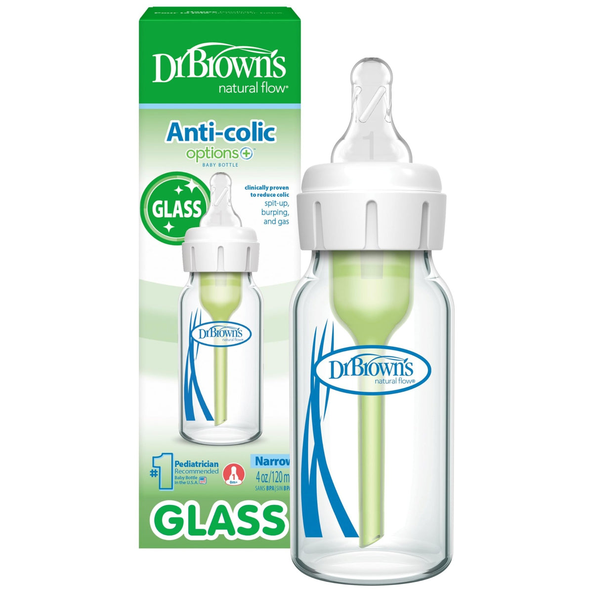 Dr. Brown's Anti-Colic Options+ Narrow Glass Baby Bottle, 8 oz/250 mL, with Level 1 Slow Flow Nipple, BPA-Free, 0m+, 1 Pack - Jansha Store