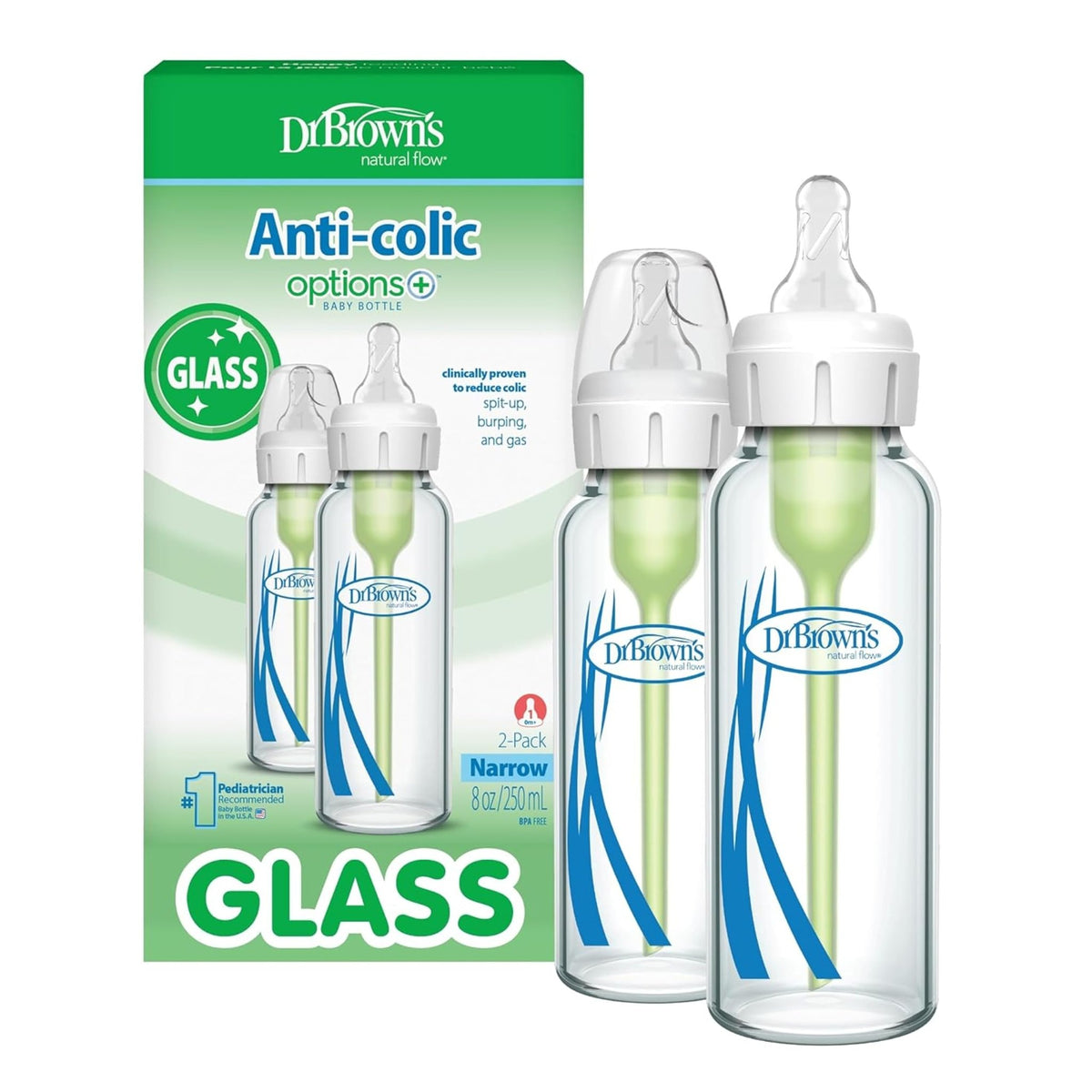 Dr. Brown's Anti-Colic Options+ Narrow Glass Baby Bottle, 8 oz/250 mL, with Level 1 Slow Flow Nipple, BPA-Free, 0m+, 1 Pack - Jansha Store