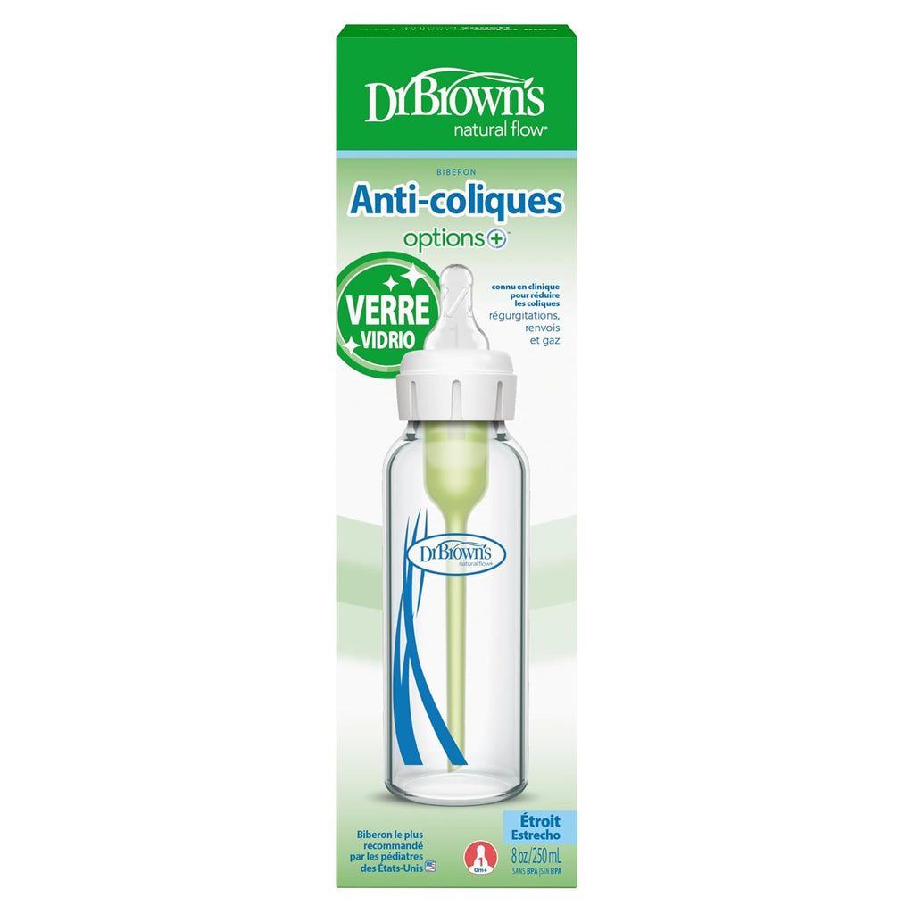 Dr. Brown's Anti-Colic Options+ Narrow Glass Baby Bottle, 8 oz/250 mL, with Level 1 Slow Flow Nipple, BPA-Free, 0m+, 1 Pack - Jansha Store